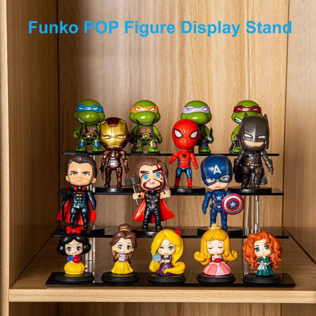 4-tier acrylic display stand with black shelves holding collectible figures