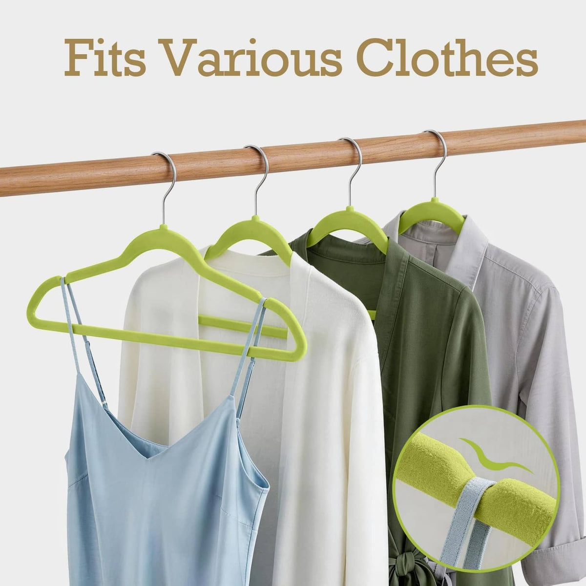 Vibrant green velvet hangers holding multiple garments: tank, shirt, and jacket