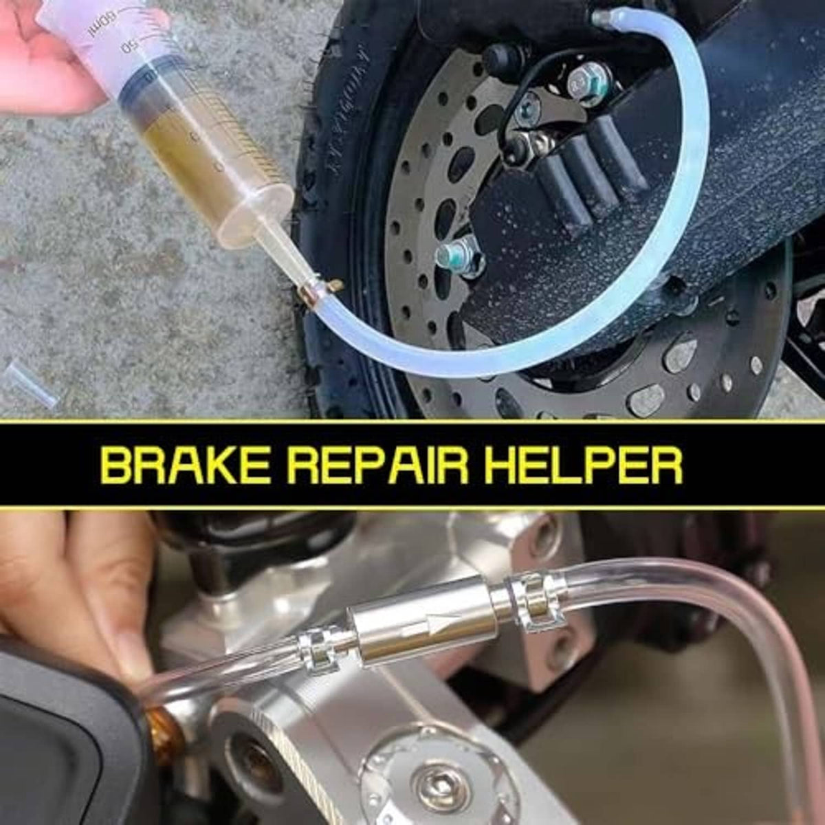 Brake bleeder kit syringe and clear hose connected to a motorcycle brake bleeder fitting