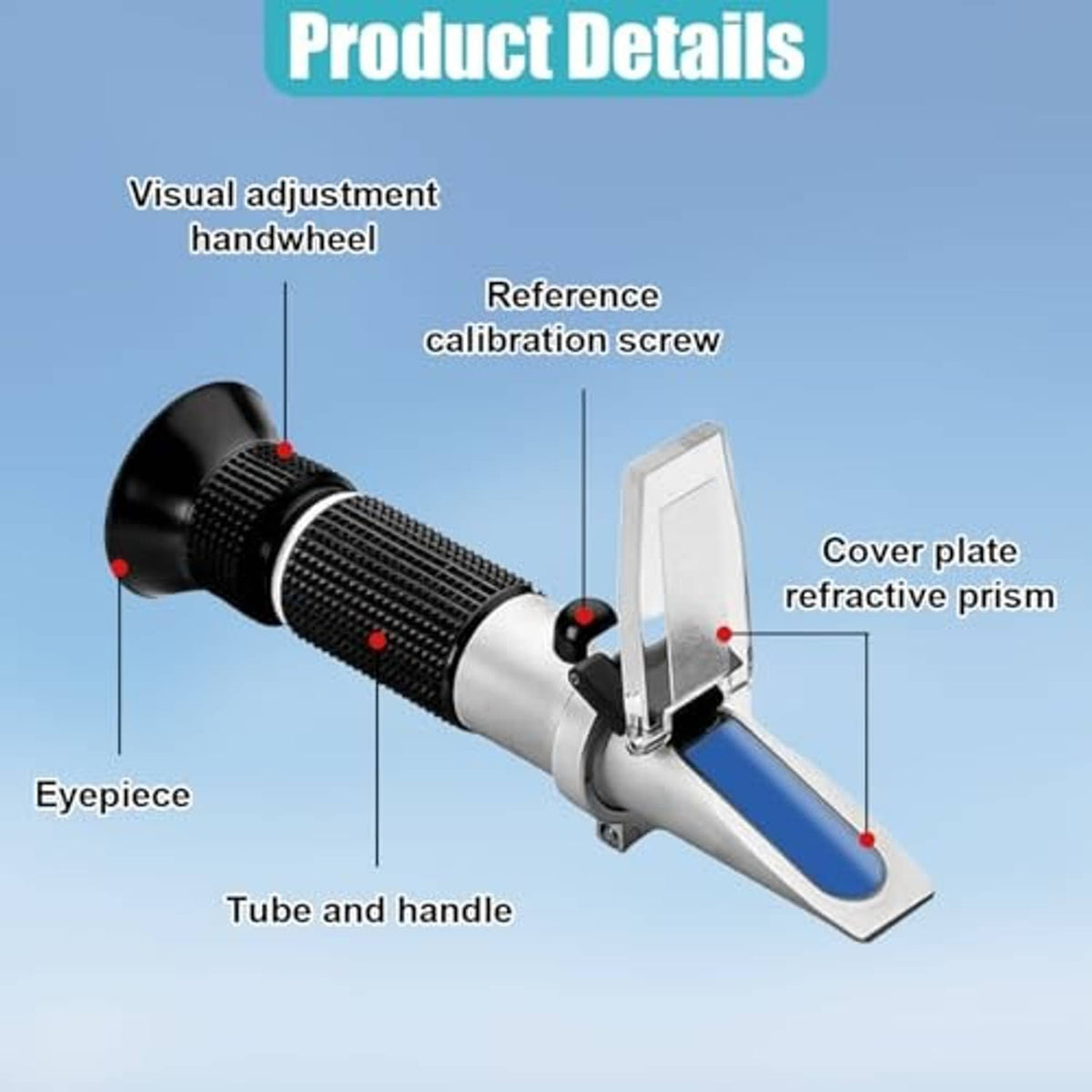 Refractometer detail view showing eyepiece, calibration screw, and prism cover plate