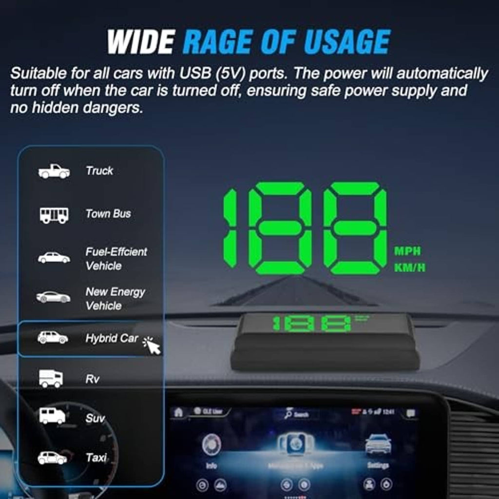 Black heads-up display showing green speed digits on dashboard setup