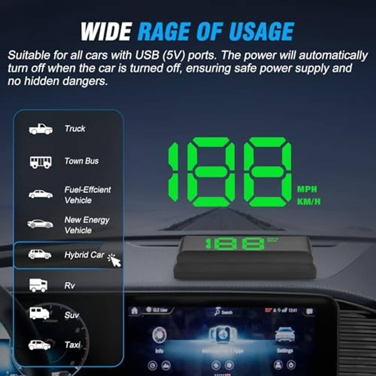 Black heads-up display showing green speed digits on dashboard setup