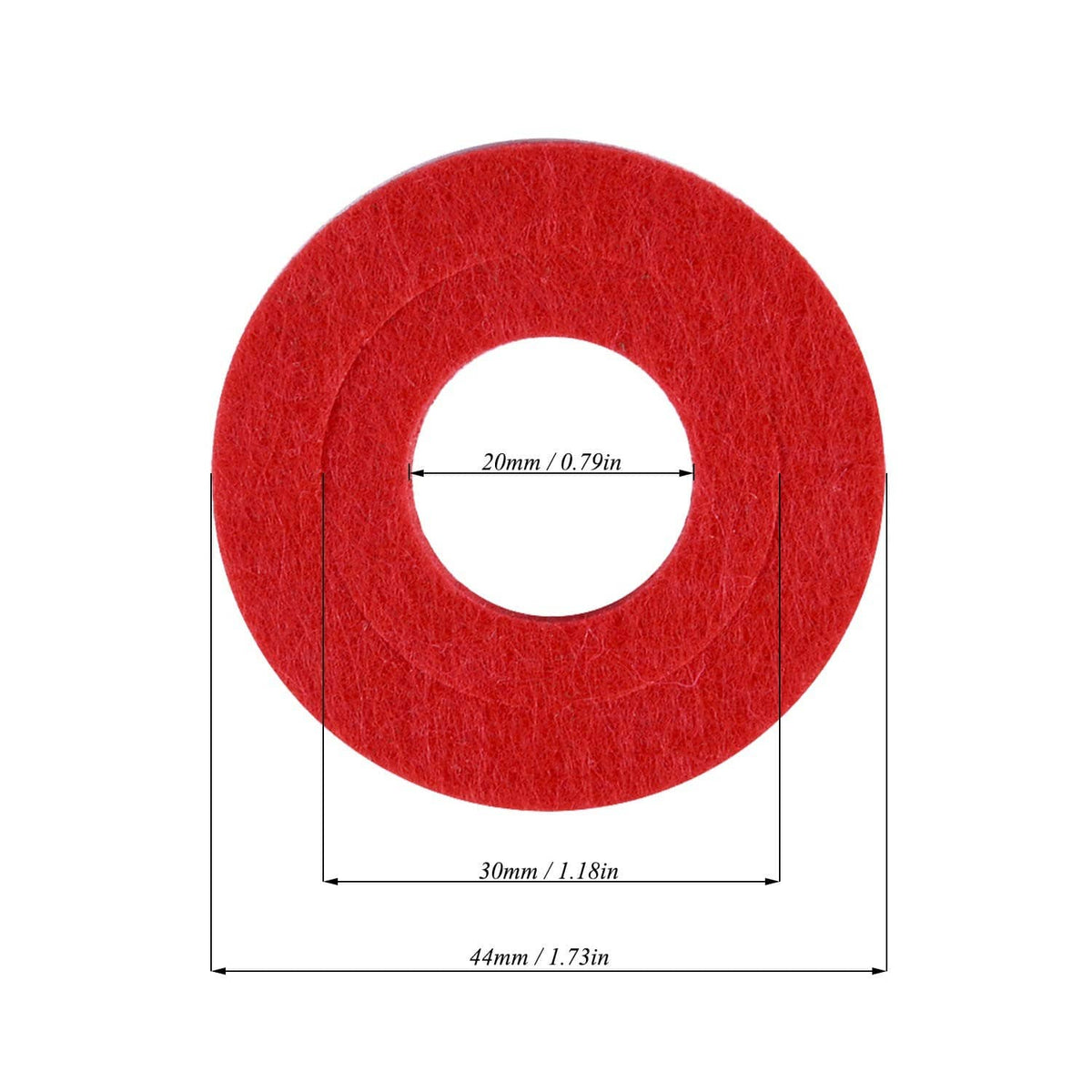 Red battery terminal anti-corrosion washer felt disc with center hole and size guide.