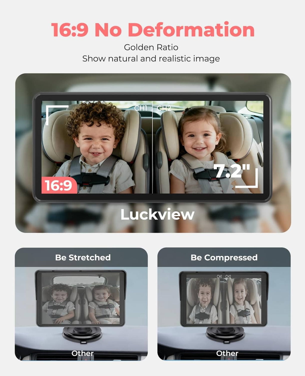 Dual-camera baby monitor showing 16:9 split-screen with two baby views