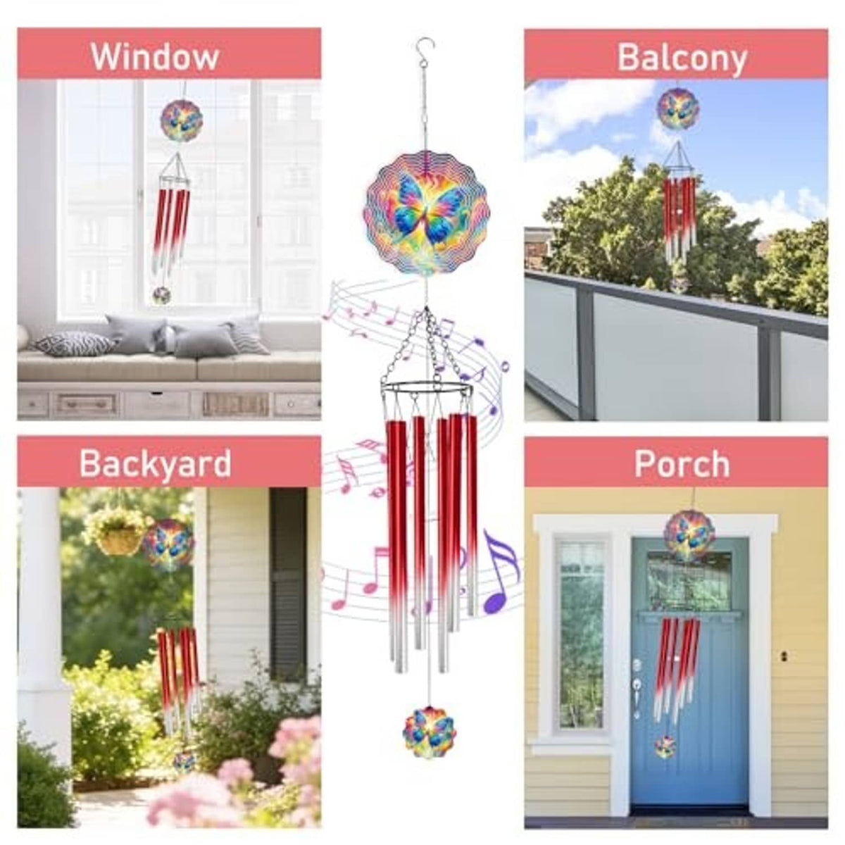 Butterfly wind chime for balcony, porch, and backyard hanging with rainbow disc and red tubes