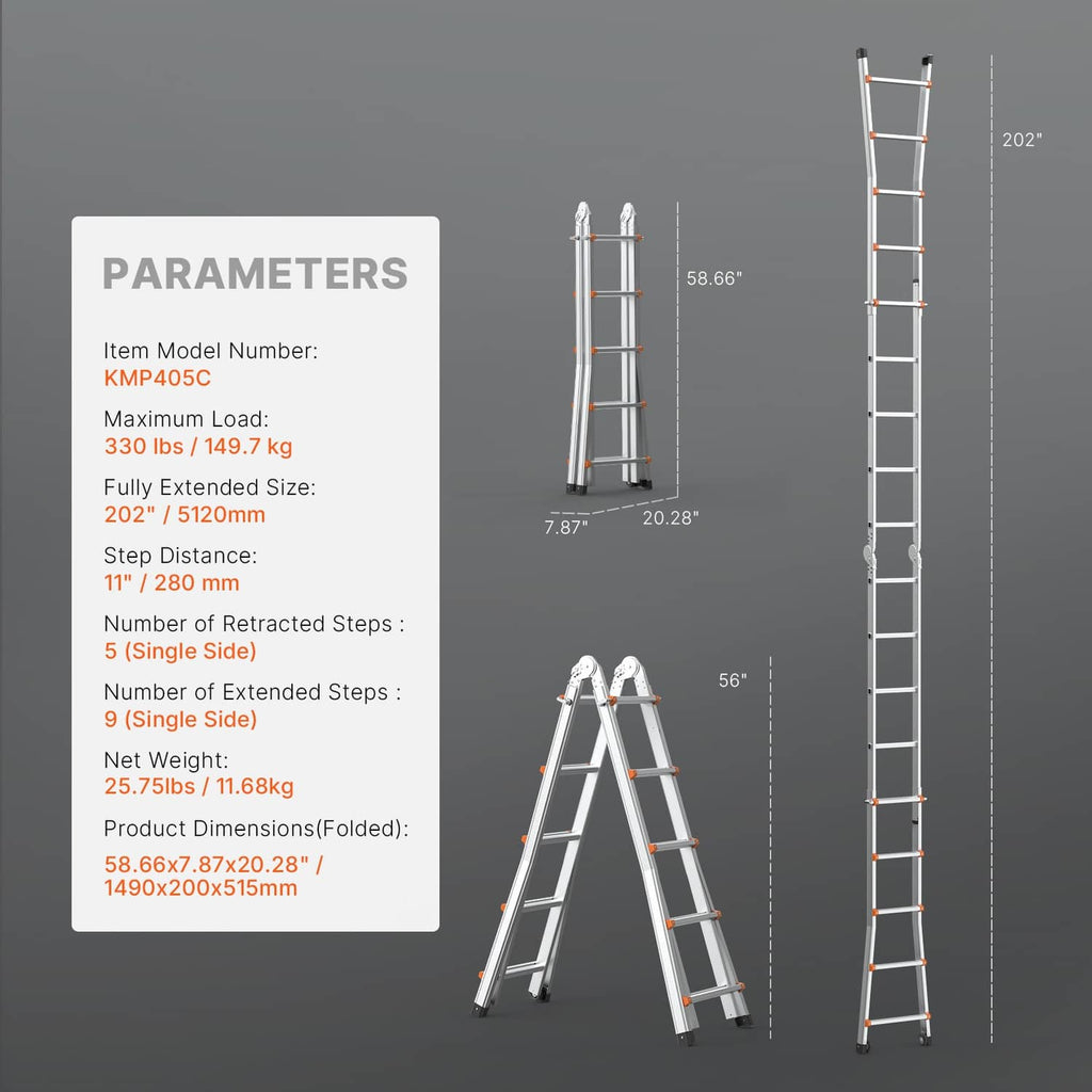 A-frame extension ladder specification diagram with silver frame and orange rung accents