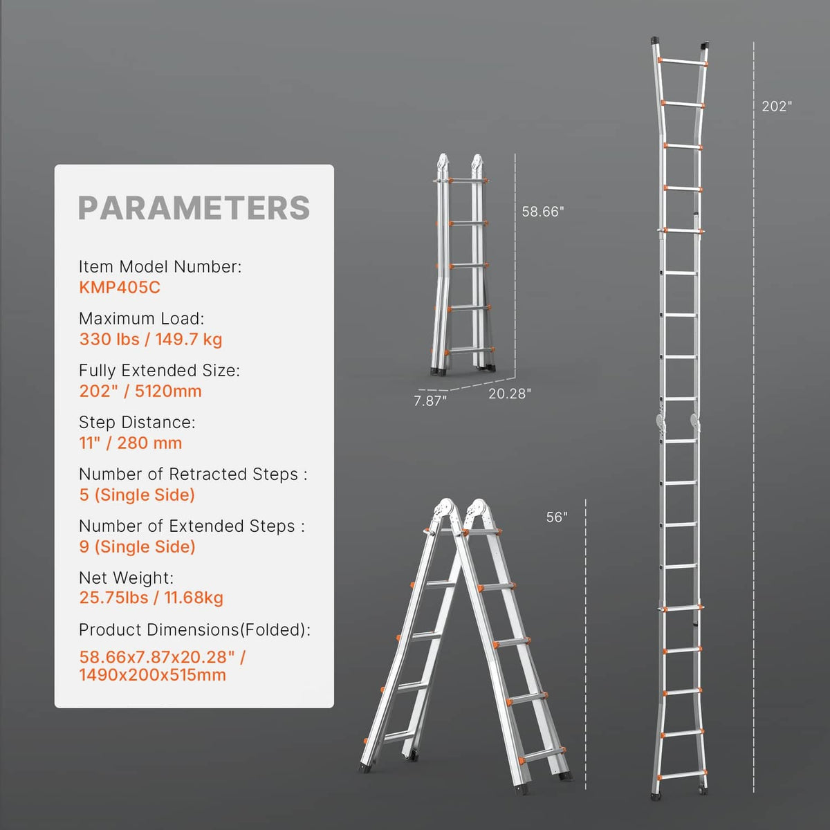 A-frame extension ladder specification diagram with silver frame and orange rung accents