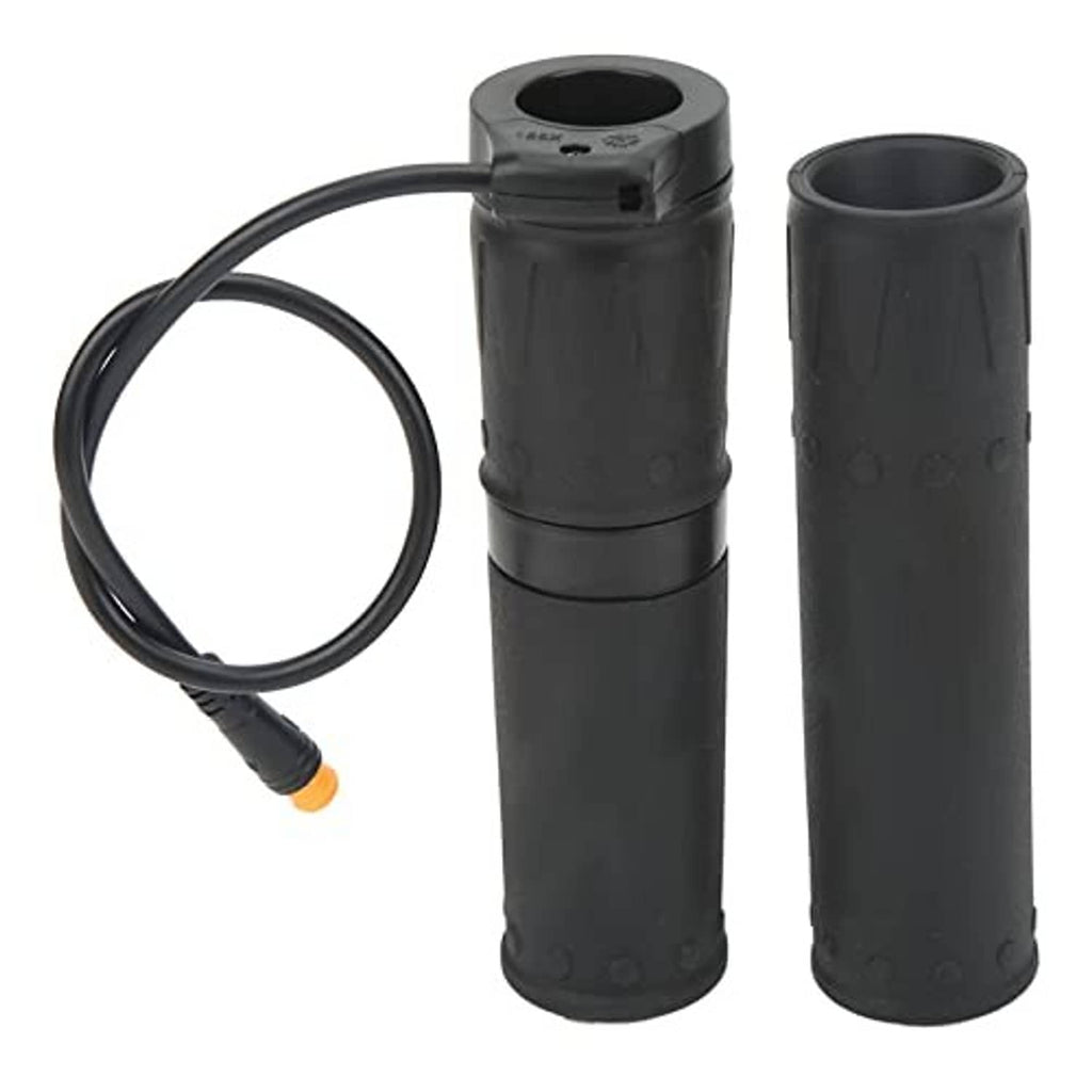 Motorcycle throttle grip parts: two black rubber sleeves with cable loop and orange connector tip
