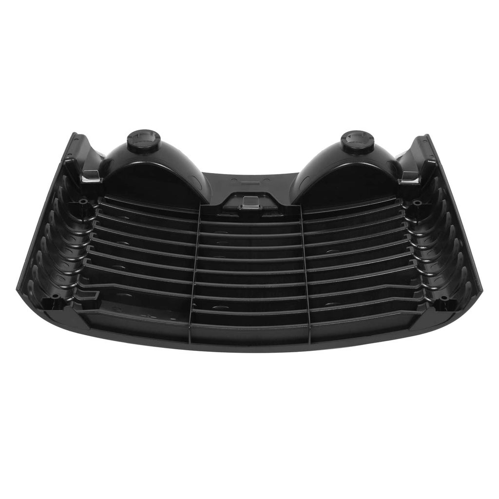 Front hood grille with black slats, two dome covers, and central mounting section