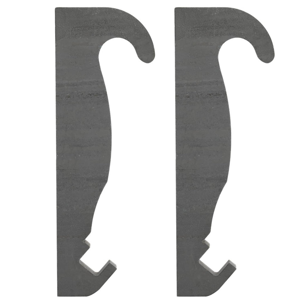 Two dark gray steel quick-attach brackets with curved top slots and small bottom tabs