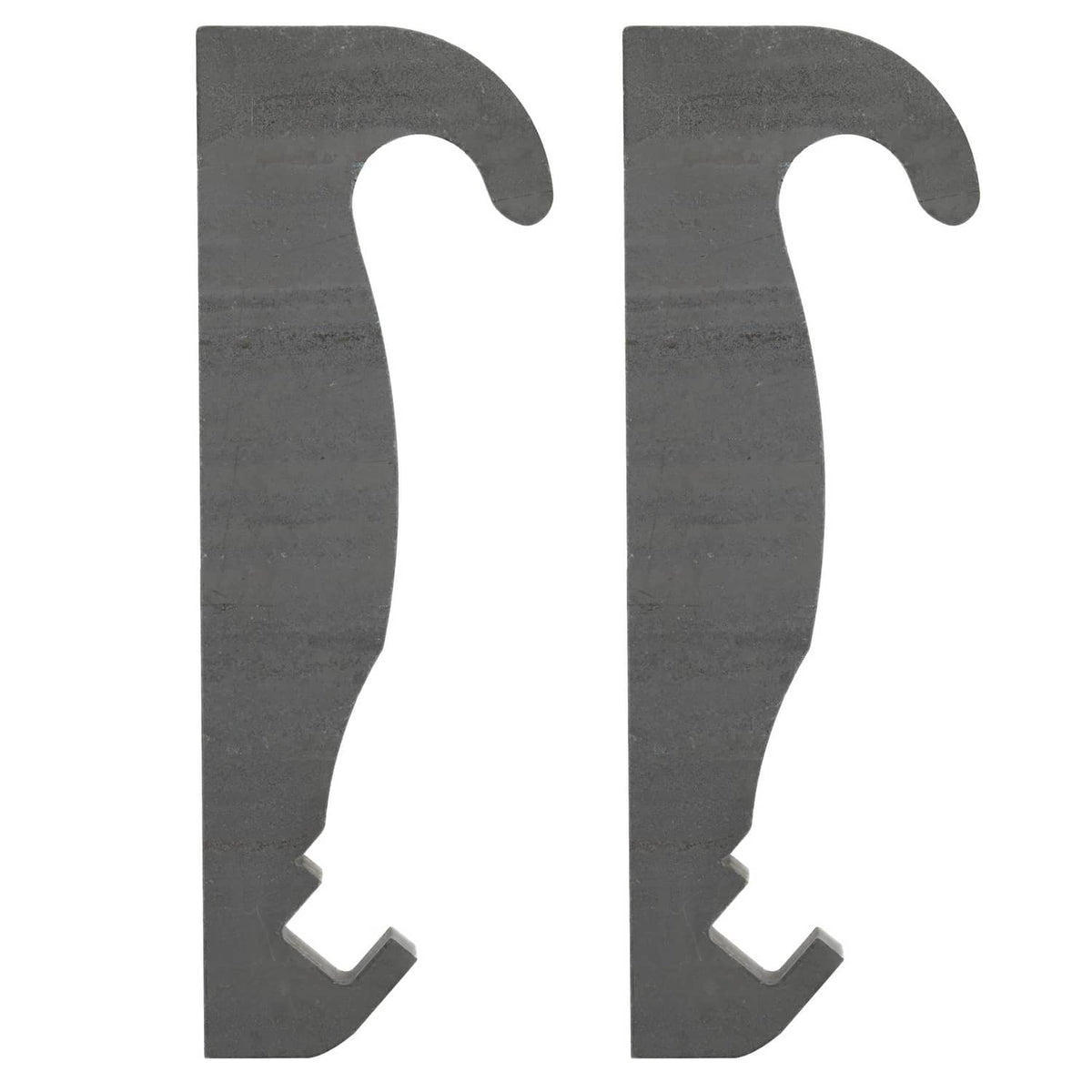 Two dark gray steel quick-attach brackets with curved top slots and small bottom tabs