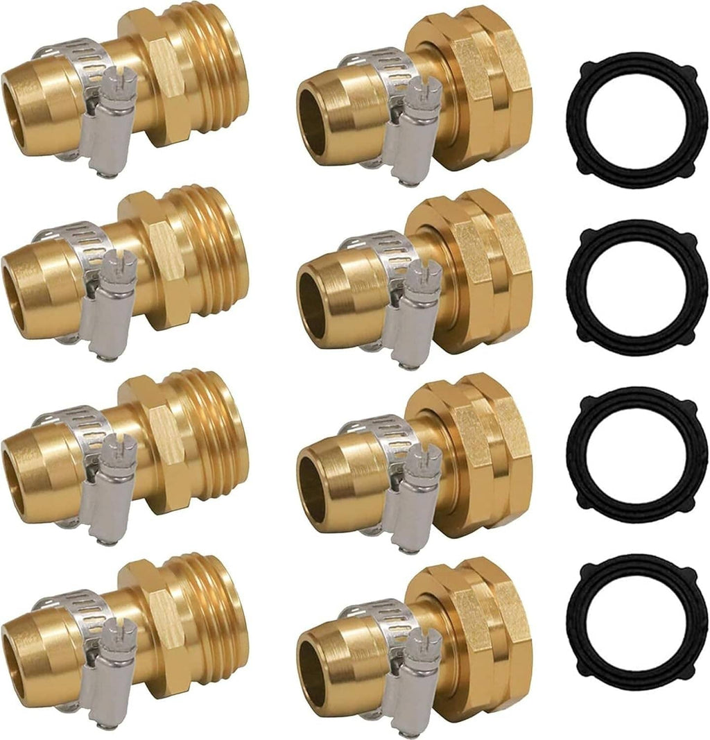 Garden hose repair connector set with clamps, brass/gold fittings and black rubber seals