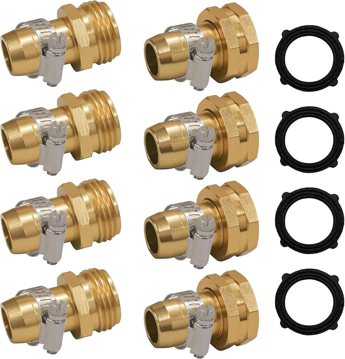 Garden hose repair connector set with clamps, brass/gold fittings and black rubber seals