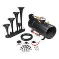 4-trumpet air horn kit with black air tank, horns, wiring, and mounting hardware