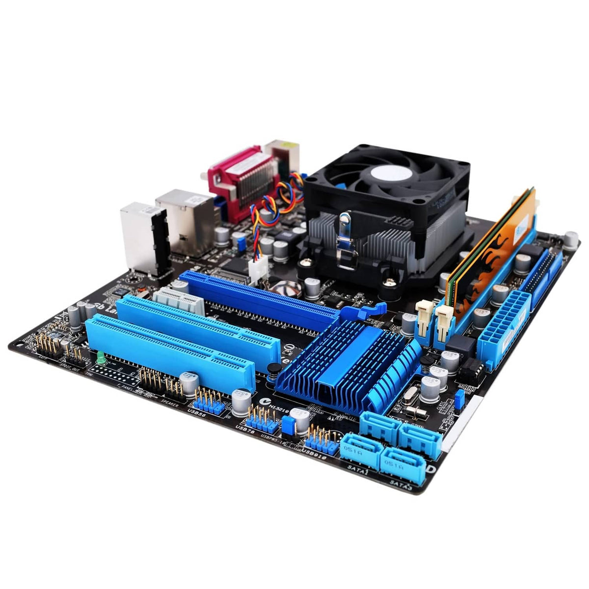 Computer circuit board with blue card-edge connectors and pin headers