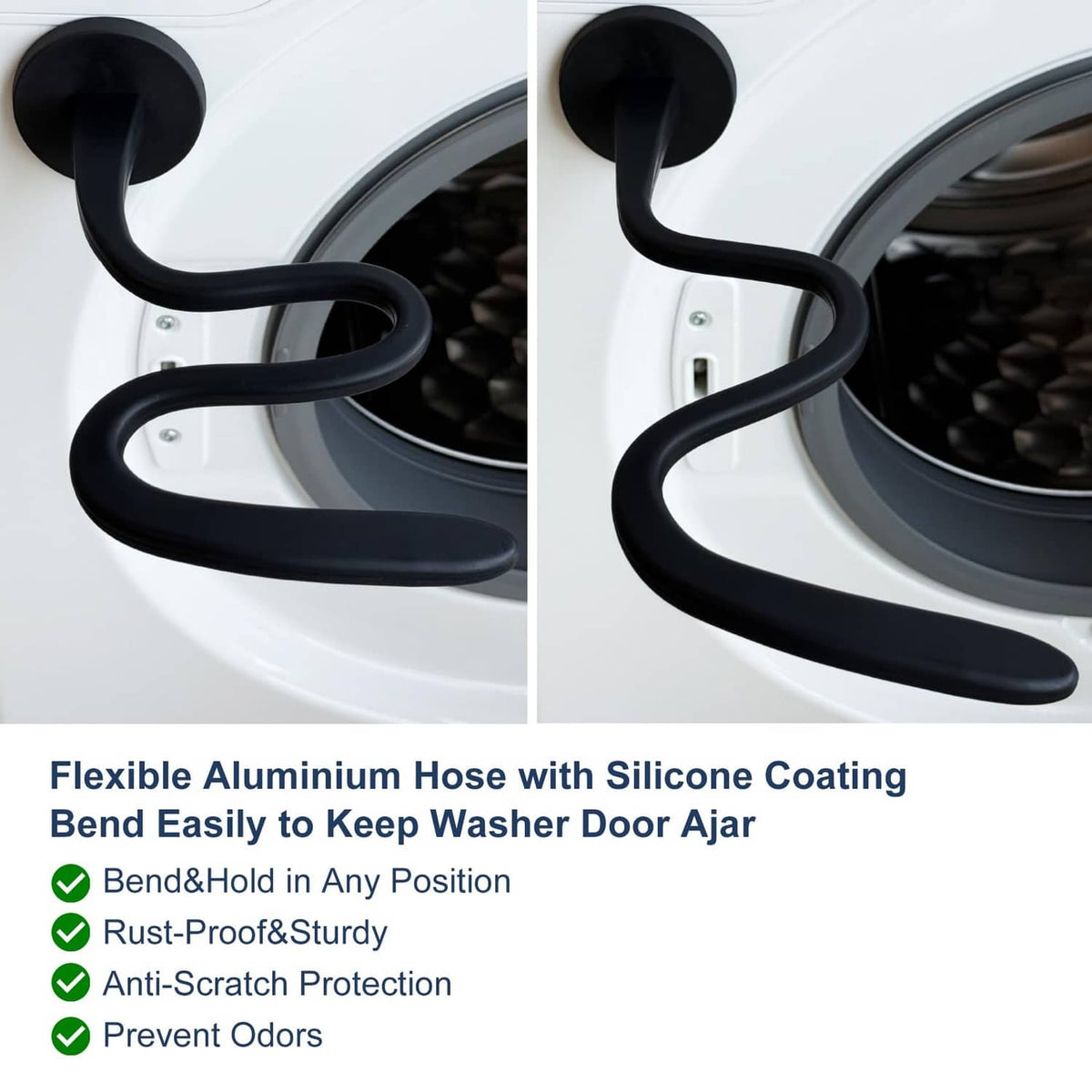 Black flexible door prop shown in two angles on a washer door