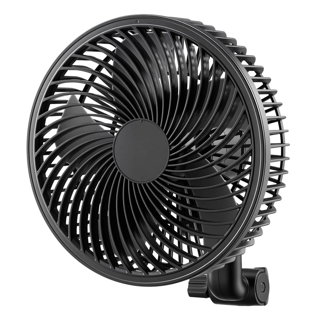 Black clip-on grow tent fan with circular grille, central hub, and clamp base