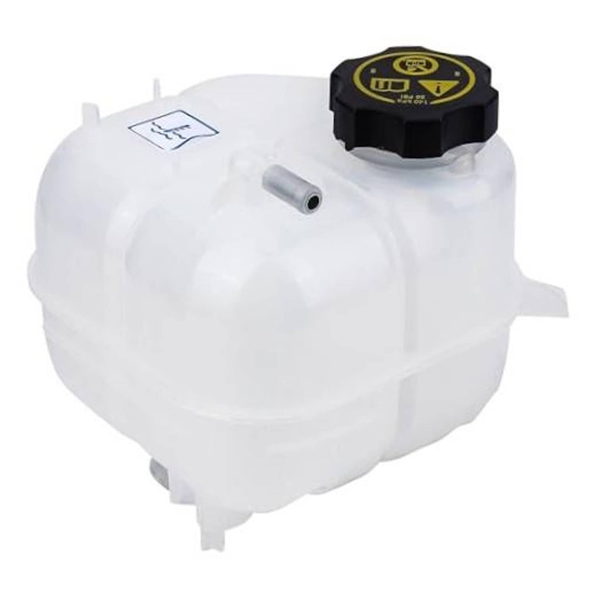 White front engine coolant reservoir tank with black cap and side vent tube