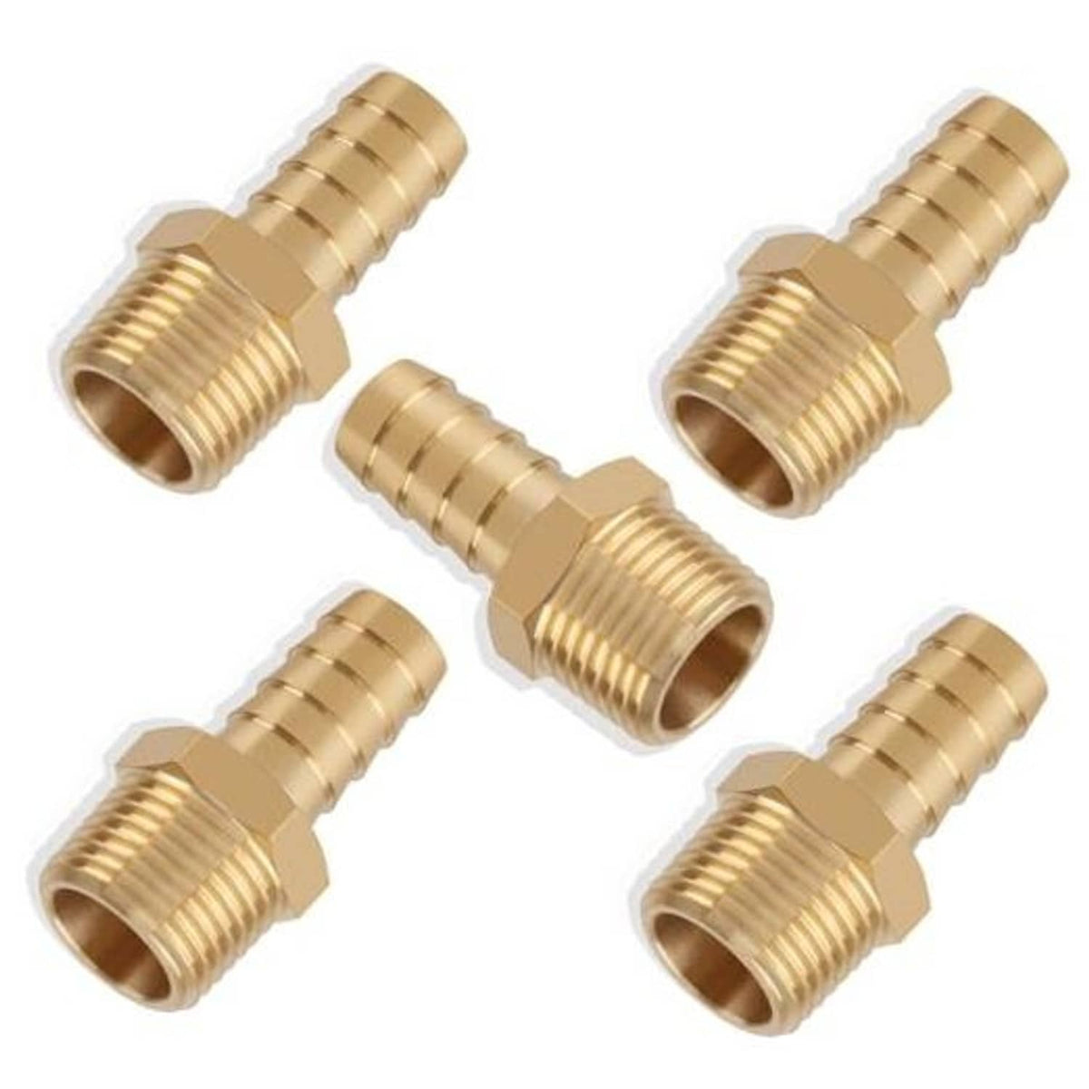 Set of 5 brass hose barb fittings with male NPT threaded ends for 1/2 in hose