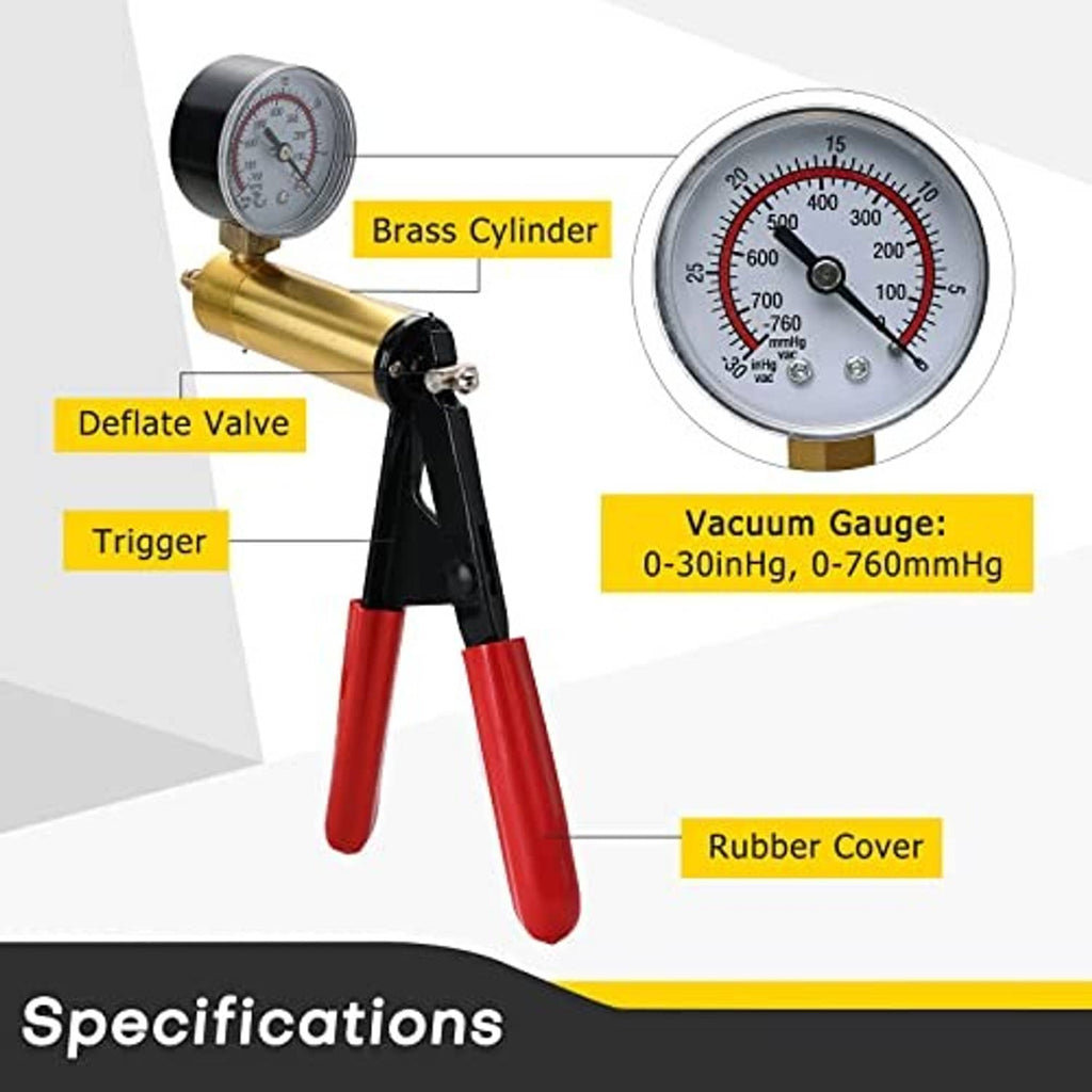 Vacuum bleeder pump with pressure gauge, brass cylinder, black/red tripod