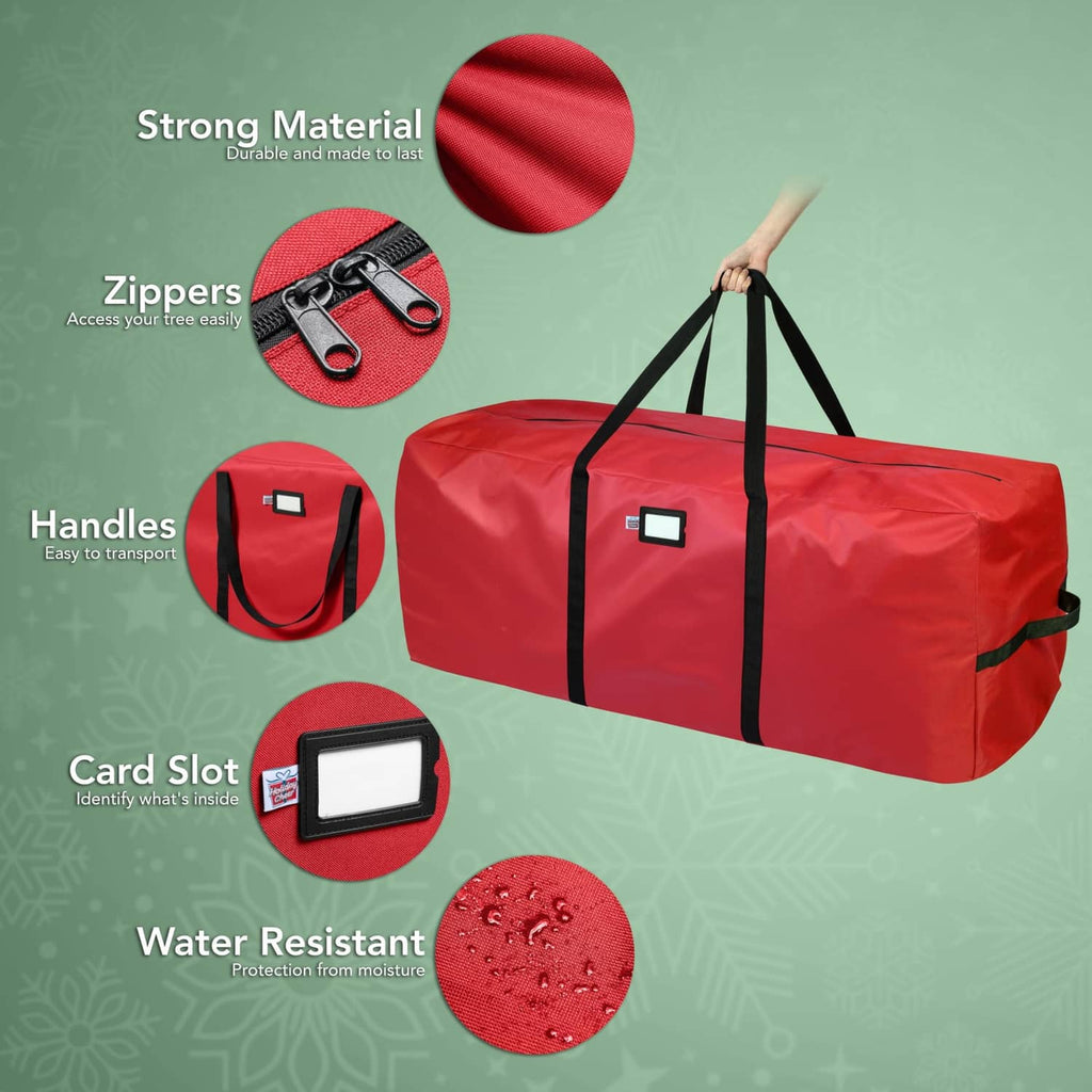 Red waterproof tree storage bag with zippers, card slot, and black handles