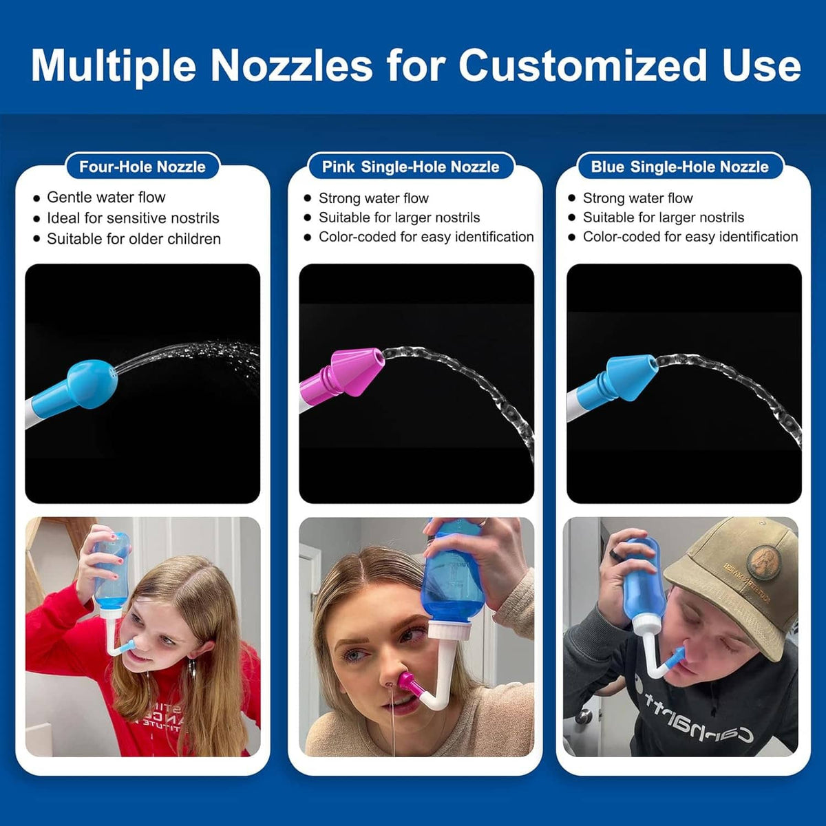 Assorted nasal rinse nozzles: blue, pink, and single-hole tips with water spray