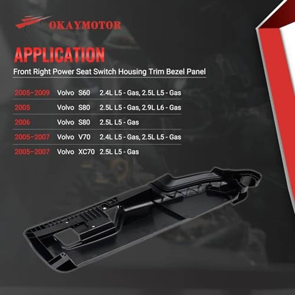 Black power seat switch trim bezel panel housing shown from underside with mounting guides