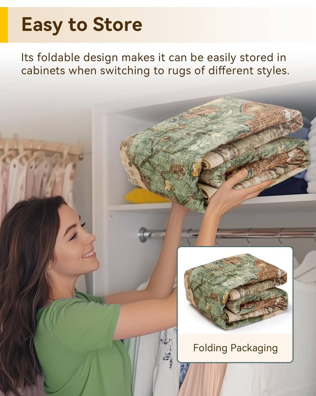 Folded and stacked rectangular area rug with green-brown floral design for closet storage.