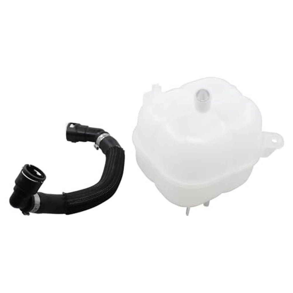 Coolant expansion tank with black hose and vent fitting, white reservoir