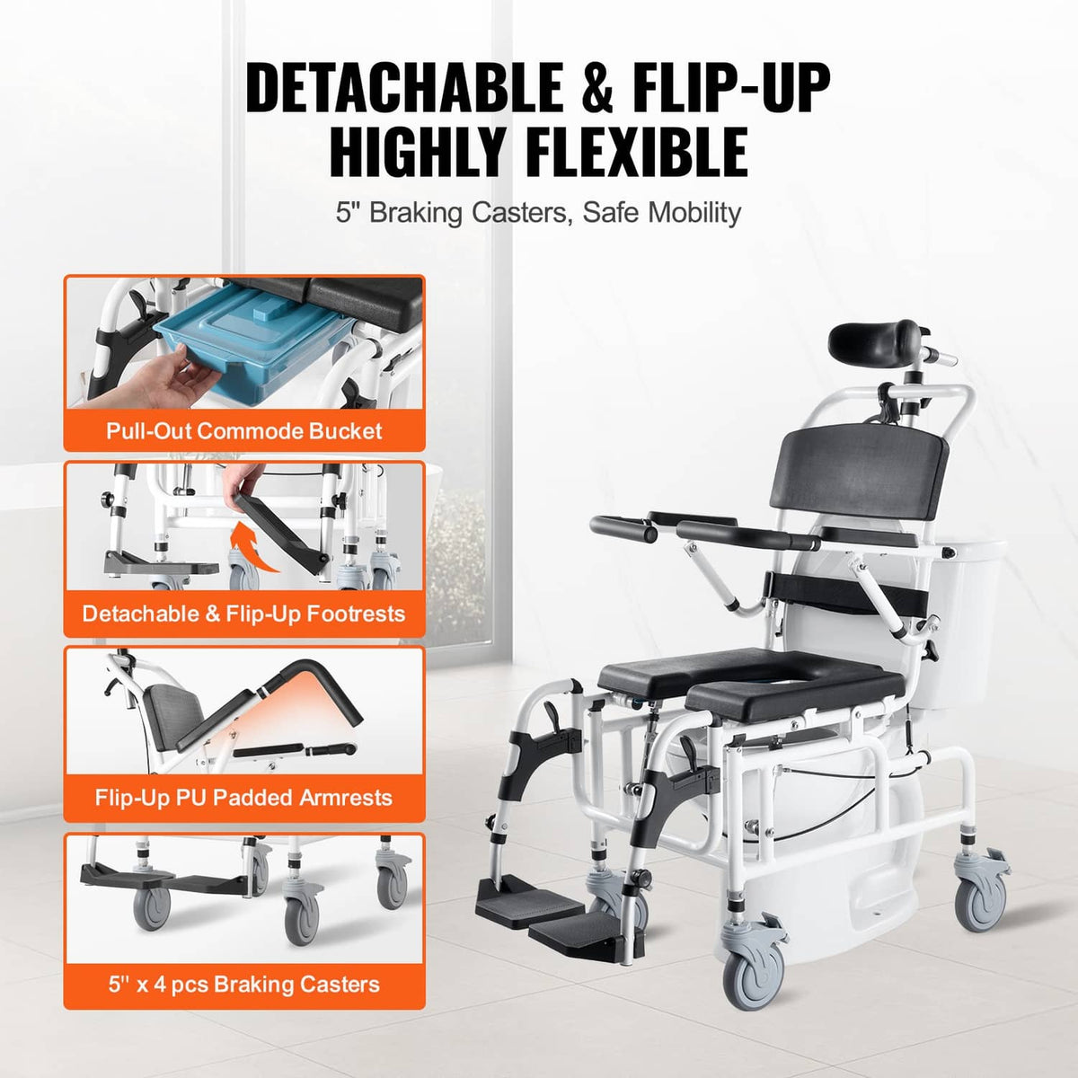Shower wheelchair with flip-up footrests and PU padded armrests