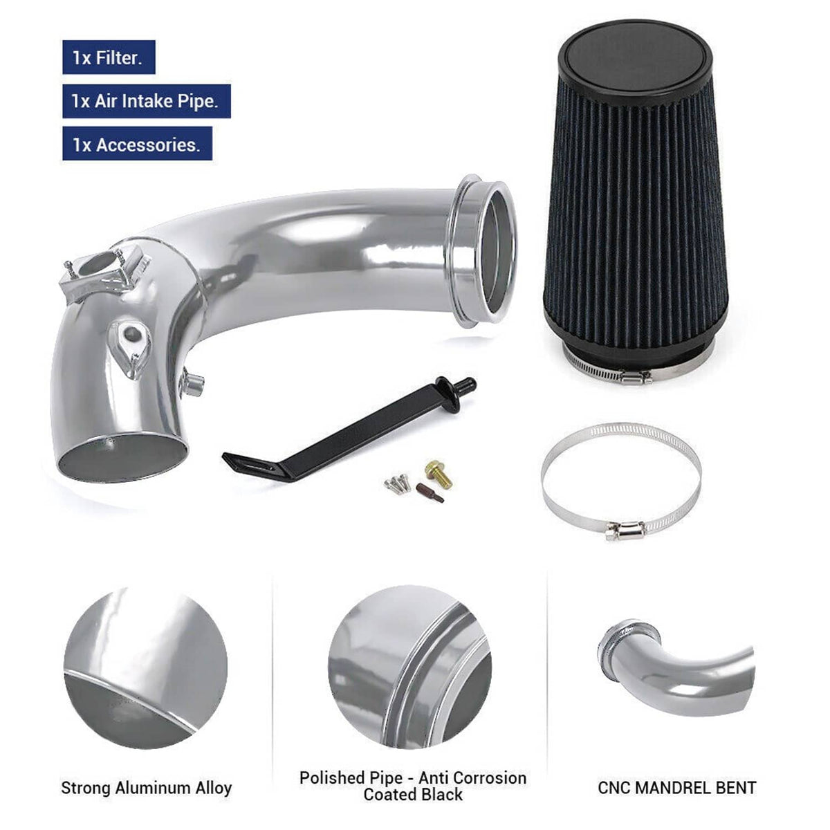 Cold air intake kit parts: polished intake pipe, black filter, clamps and hardware