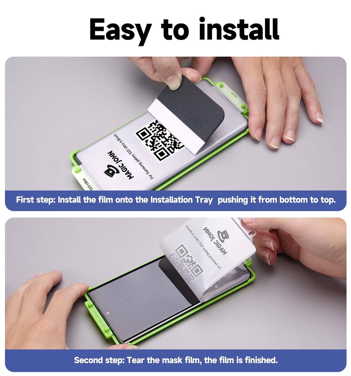 Tempered glass screen protector installation using a tray and removal mask