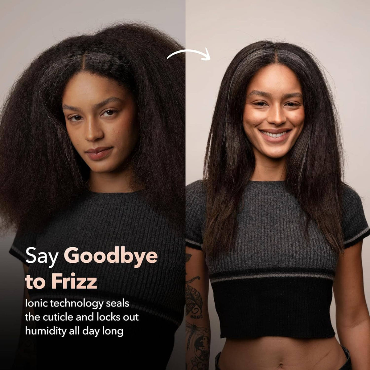 Before-and-after view of smooth dark hair results with frizz reduction.