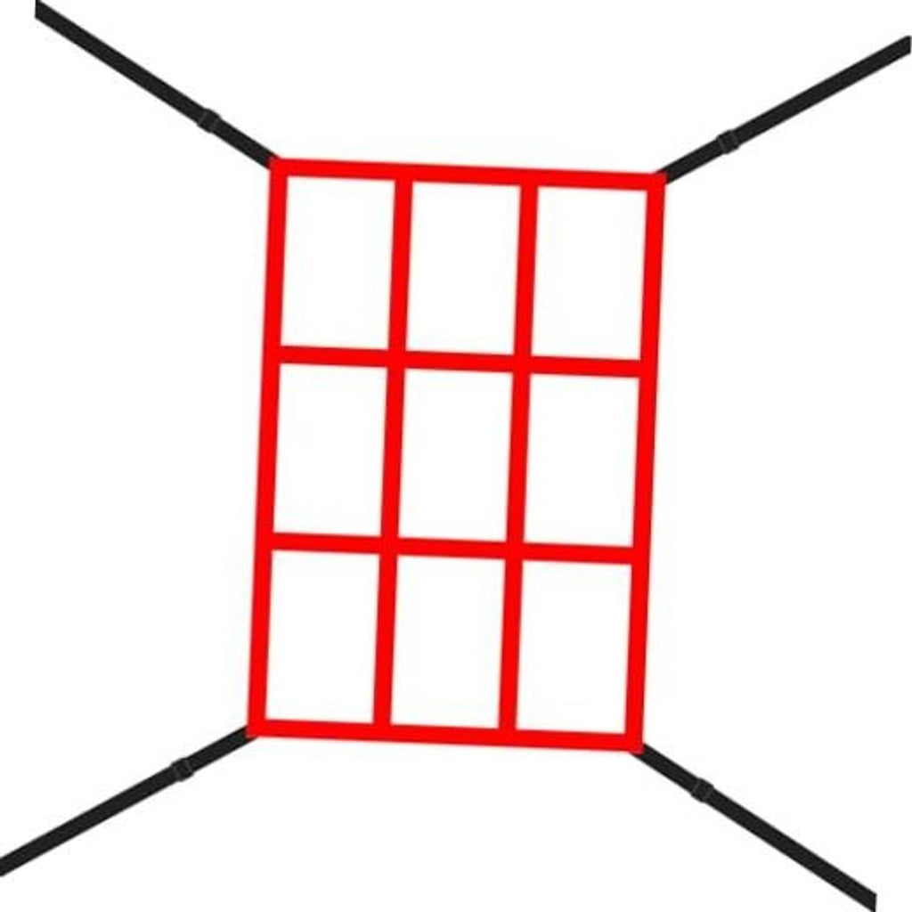 Red strike zone target net with white grid squares and black support poles
