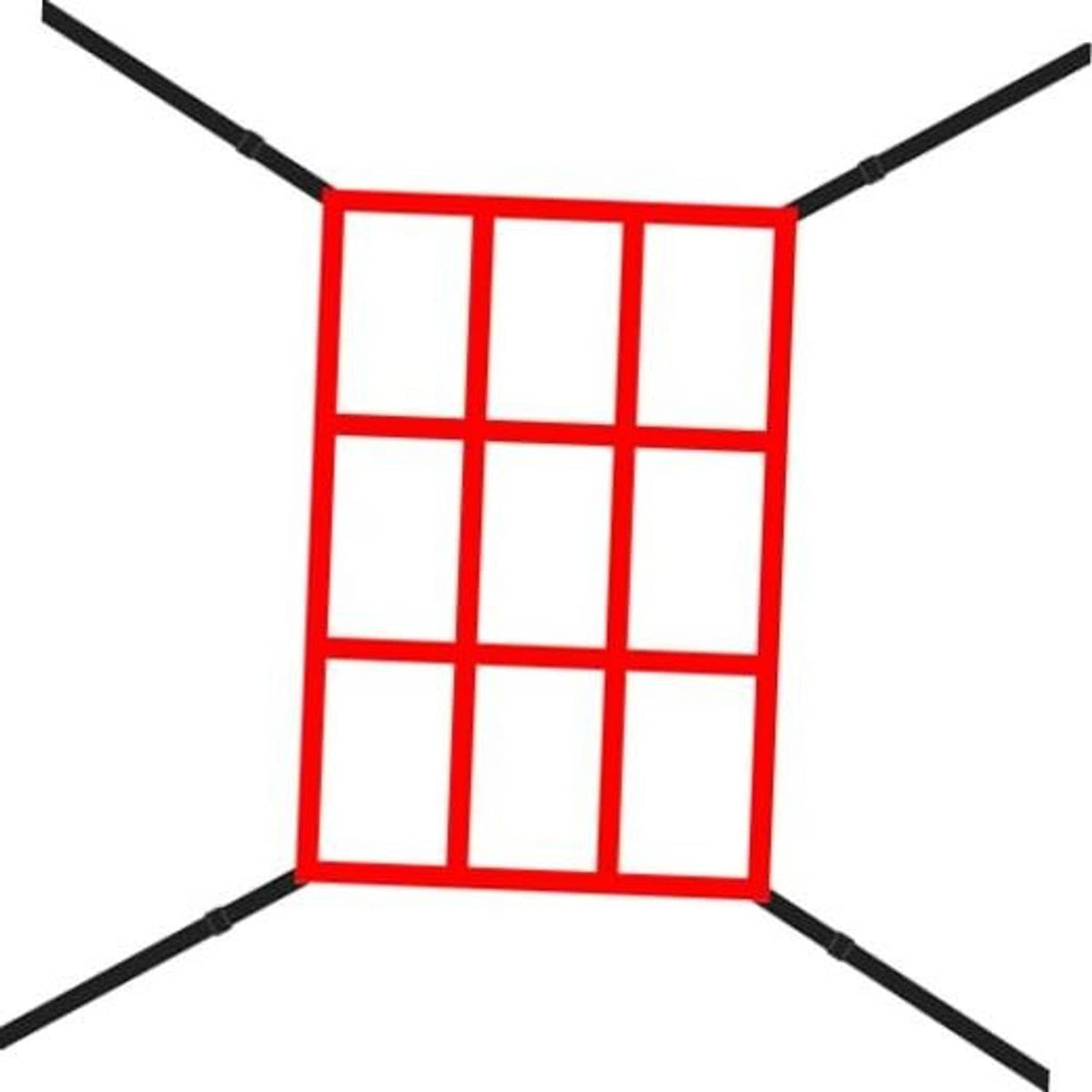 Red strike zone target net with white grid squares and black support poles