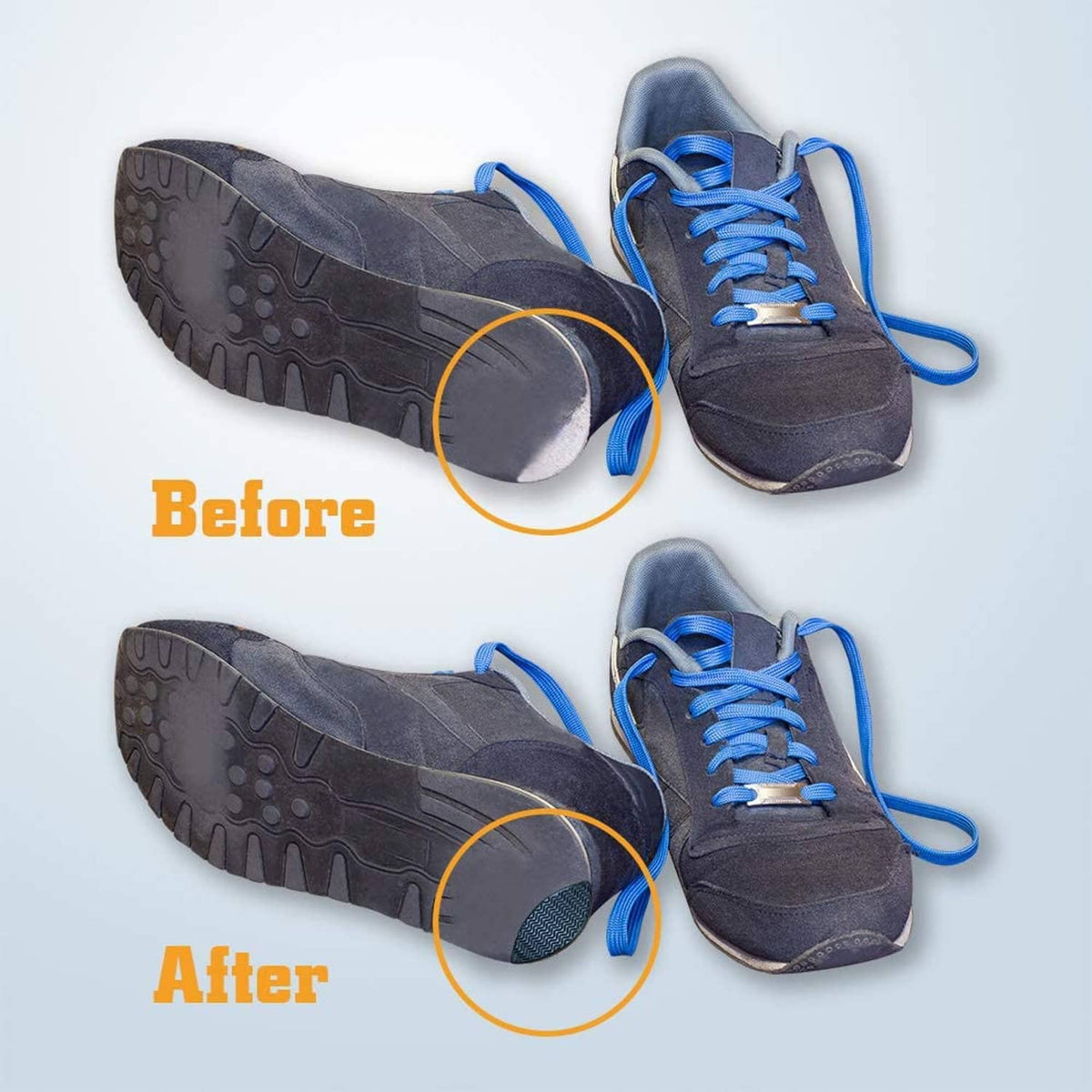 Sneakers with side-worn heel area repaired using black rubber heel patches