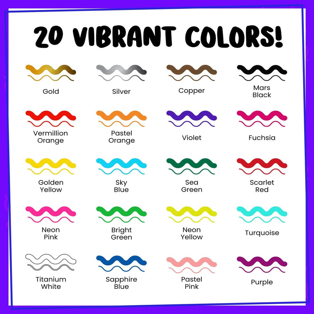 Chart of 20 vibrant marker colors shown as wavy stroke swatches.