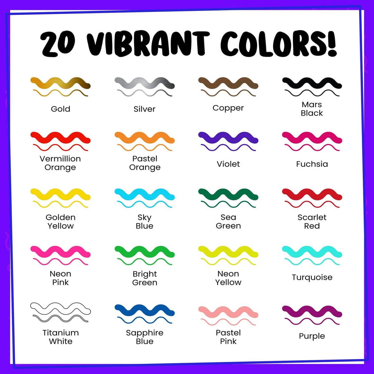 Chart of 20 vibrant marker colors shown as wavy stroke swatches.