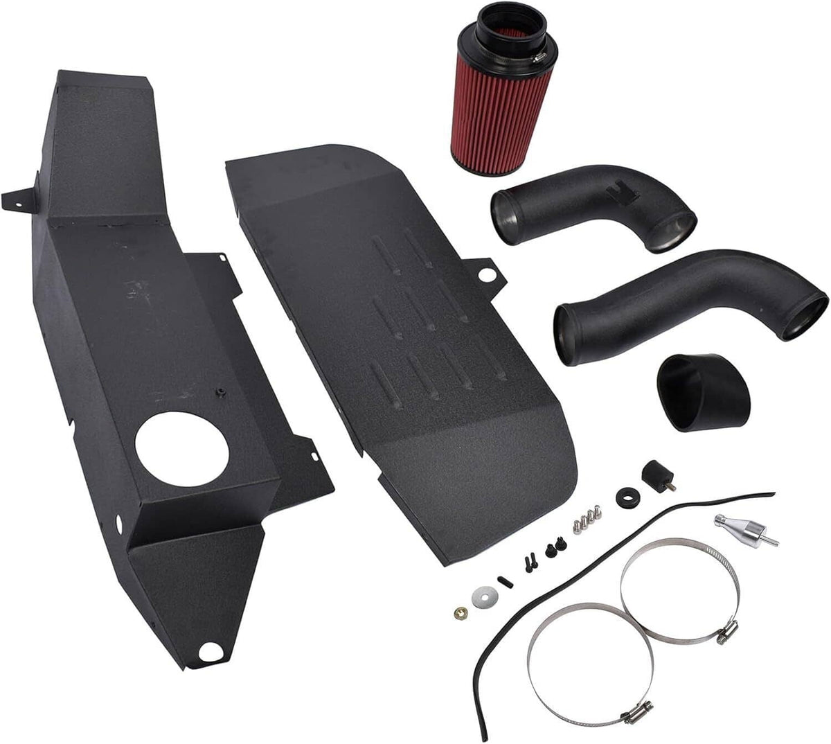 Cold air intake kit with black heat shields, black hoses, and red pleated filter