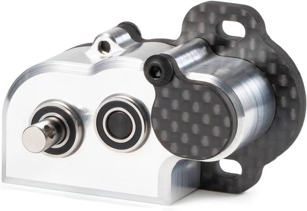 RC tiny gearbox with machined housing, bearing, output shaft, and carbon-texture cover