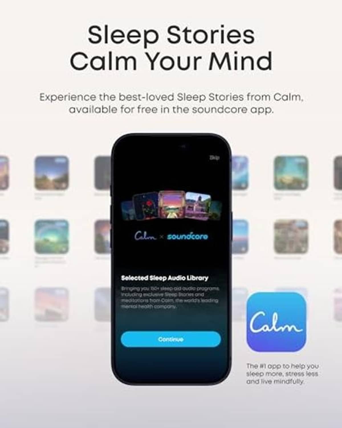 White sleep earbuds beside a smartphone displaying sleep stories