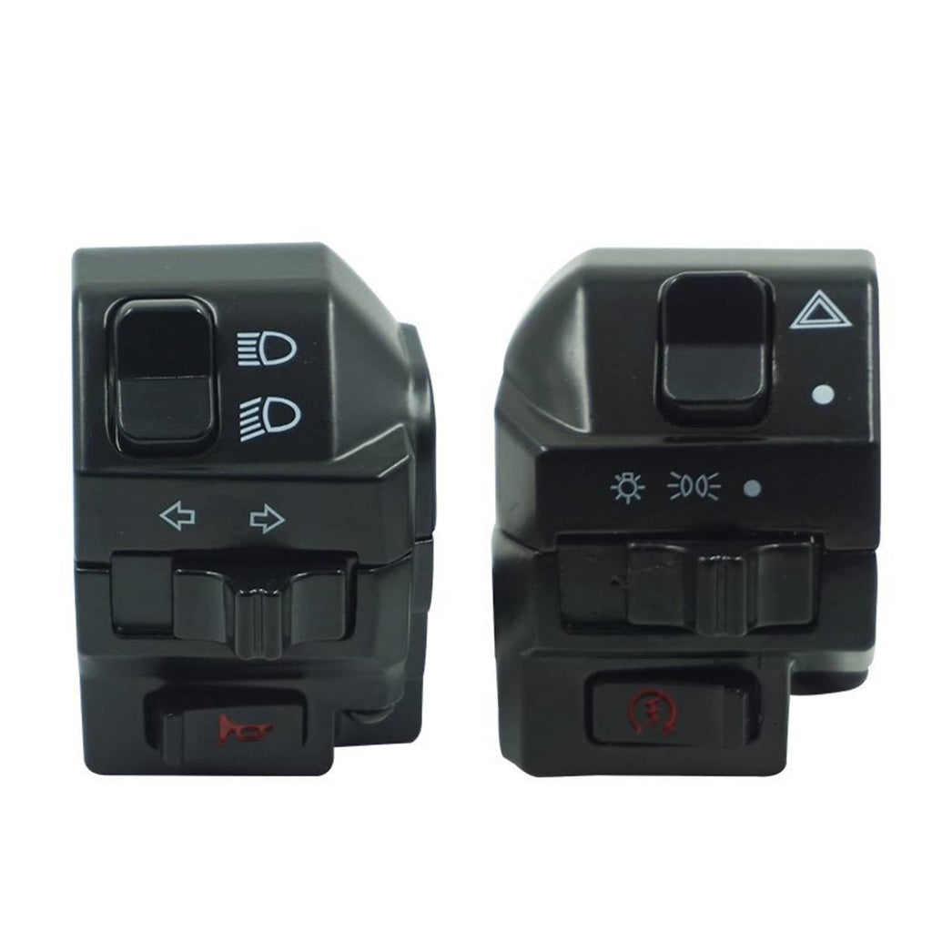 Motorcycle handlebar switch control, dark housing with buttons for lights and turn signals