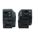 Motorcycle handlebar switch control, dark housing with buttons for lights and turn signals