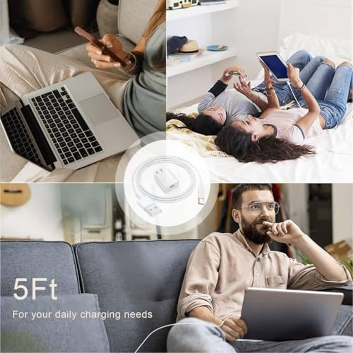 Charging cable shown in daily use with smartphones in home settings