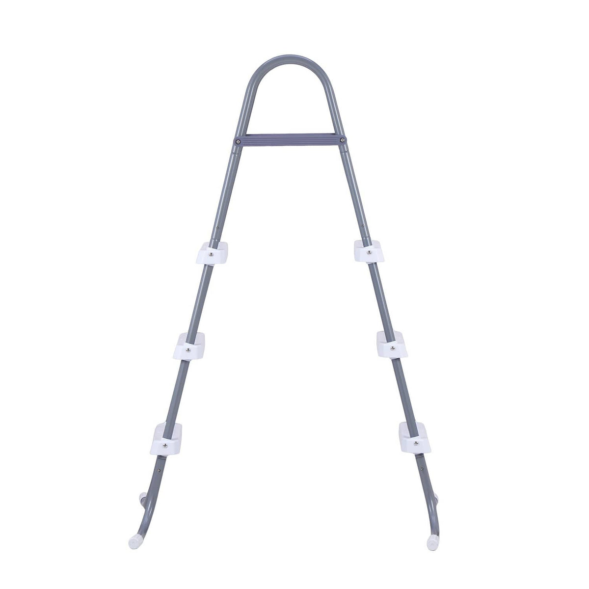 Gray A-frame pool ladder with two handrails and three white step bars