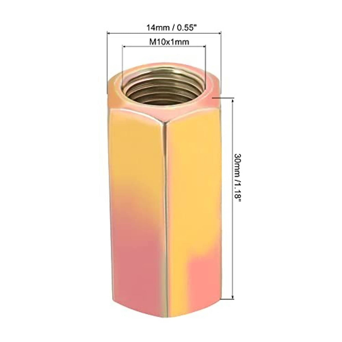 Hex coupling nut sleeve with internal threads, iridescent yellow-gold, M10 x 1