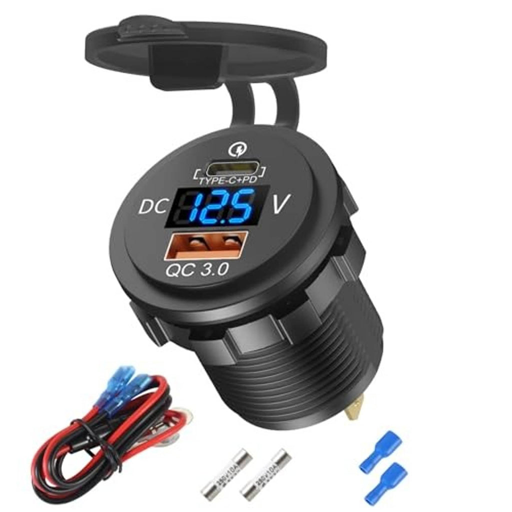 Round black car socket charger with Type-C PD and QC 3.0 ports, voltage readout