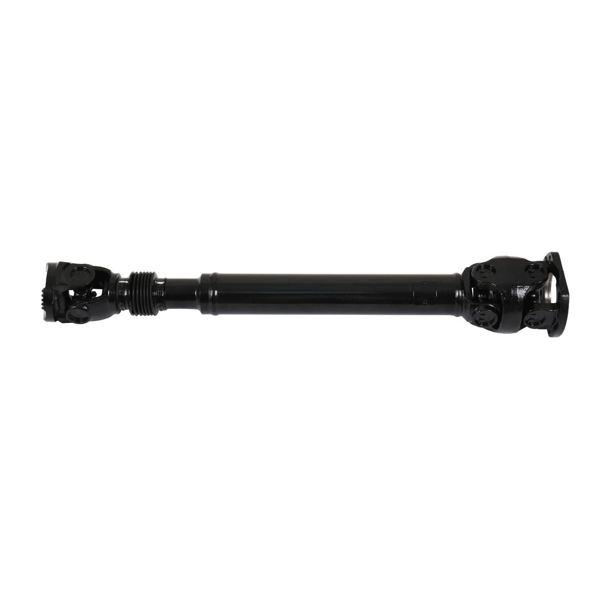 Black front driveshaft with flange yoke on one end and splined joint on the other