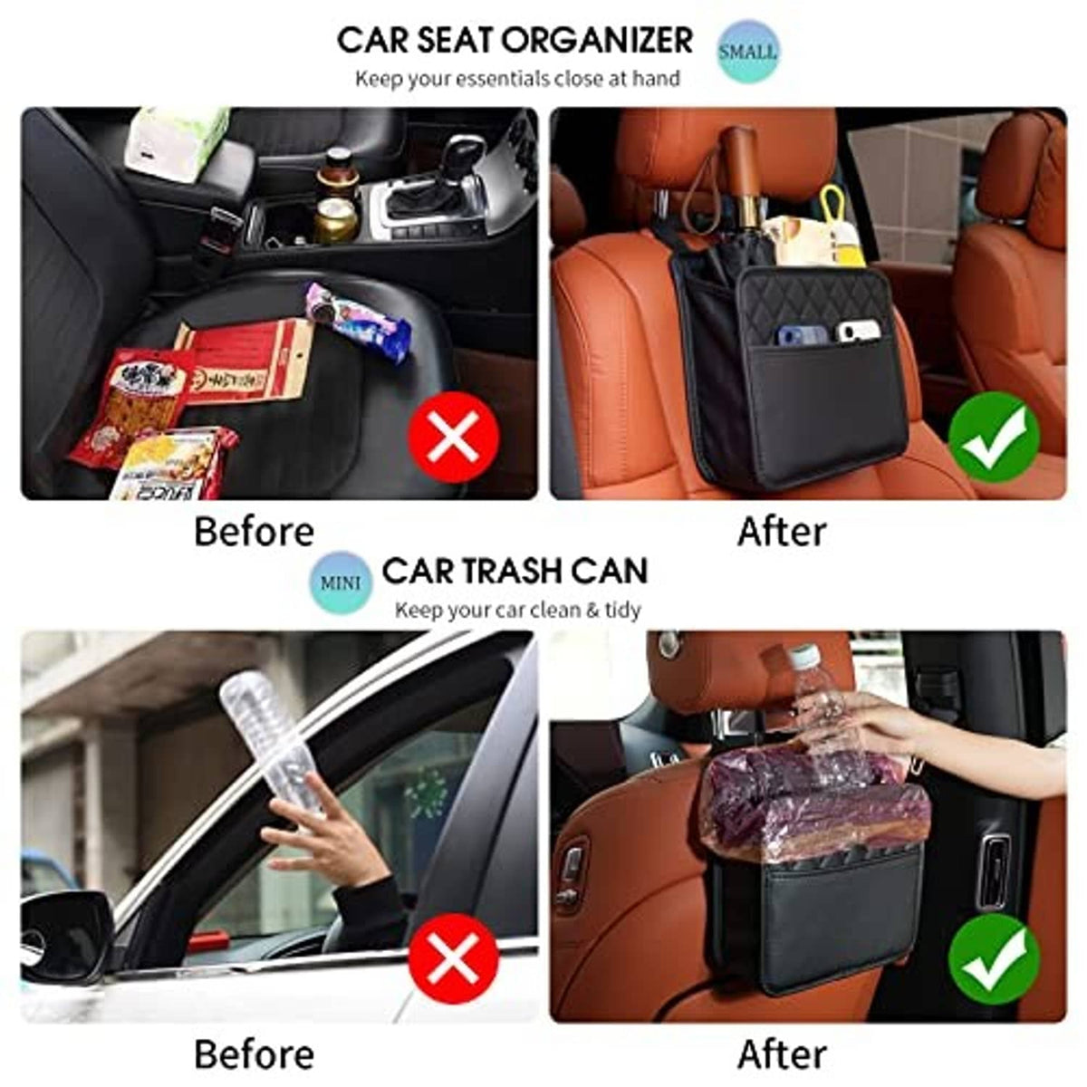 Car seat organizer bag, black quilted design with phone slot and bottle compartment