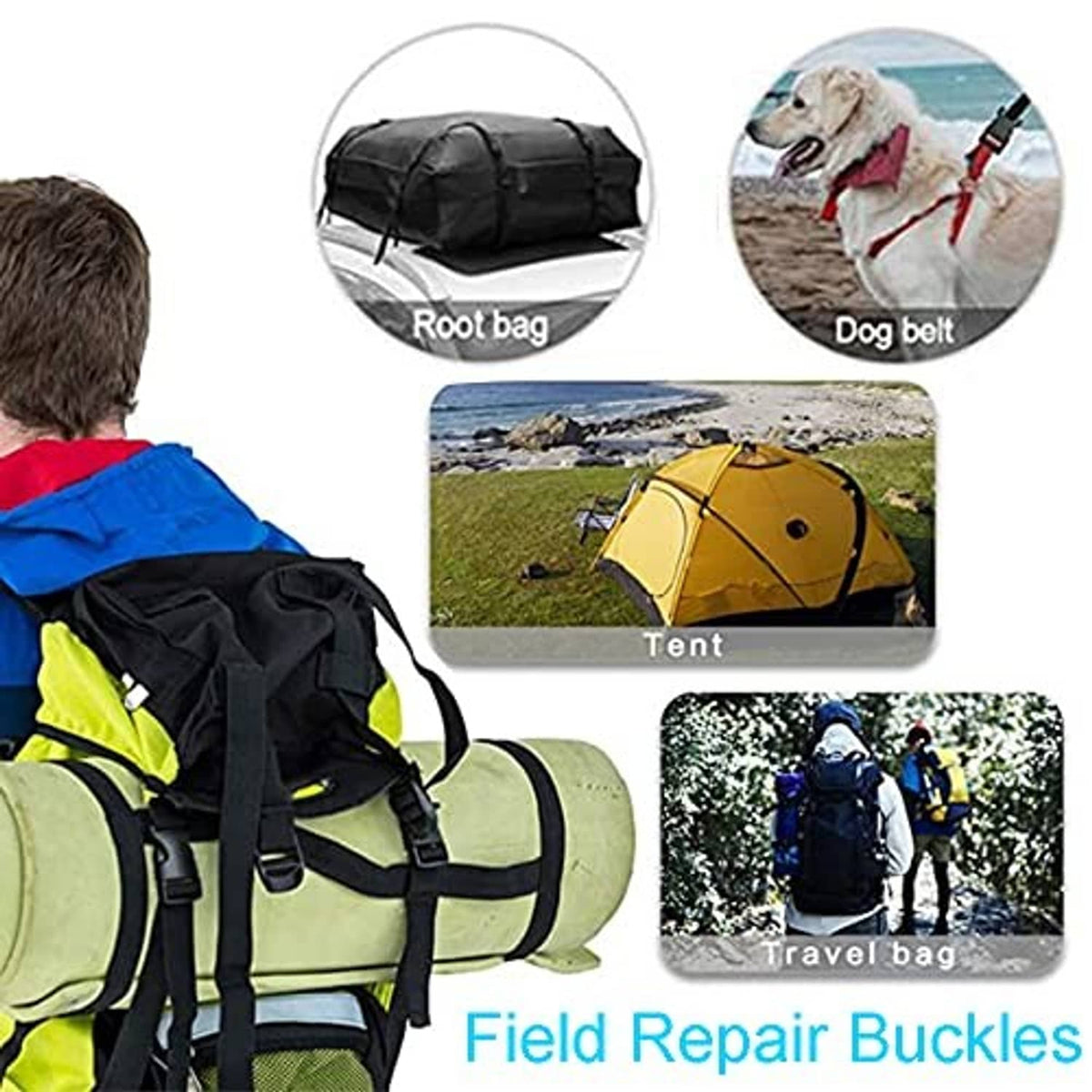 Black dual adjustable side-release buckles with strap pieces for repair and travel gear